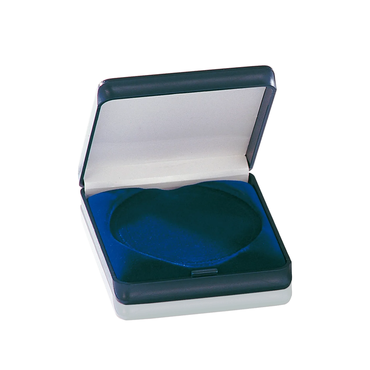 Geöffnetes Etui für 70-mm-Medaillen, dunkelblau mit weißem Deckelfutter und blauer Einlage