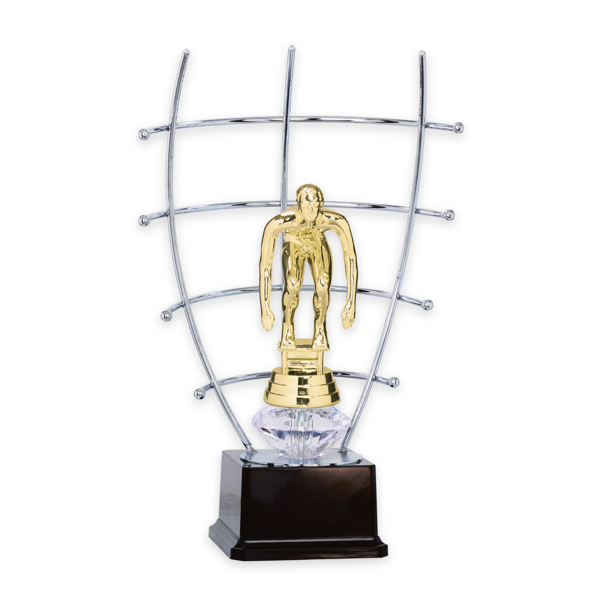 Trophäe Amber mit Silberbügeln, goldener Schwimmfigur und Kristall auf schwarzem Sockel