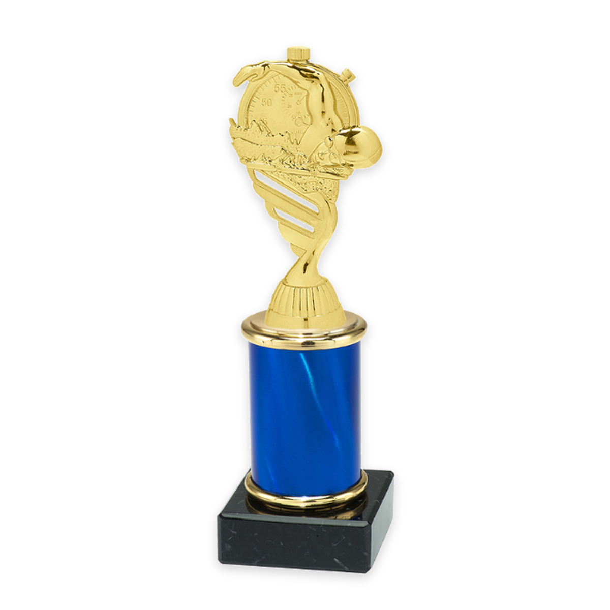 Trophäe Blue mit goldener Schwimmfigur, blauer Säule und schwarzem Marmorsockel