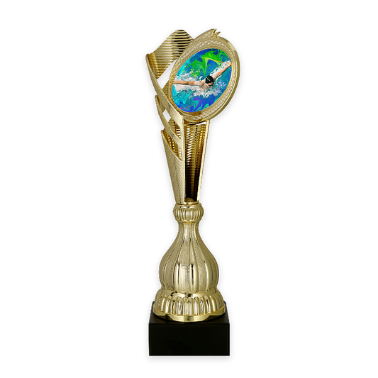 Trophäe Delta in Gold mit ovalem Schwimmmotiv auf schwarzem Marmorsockel
