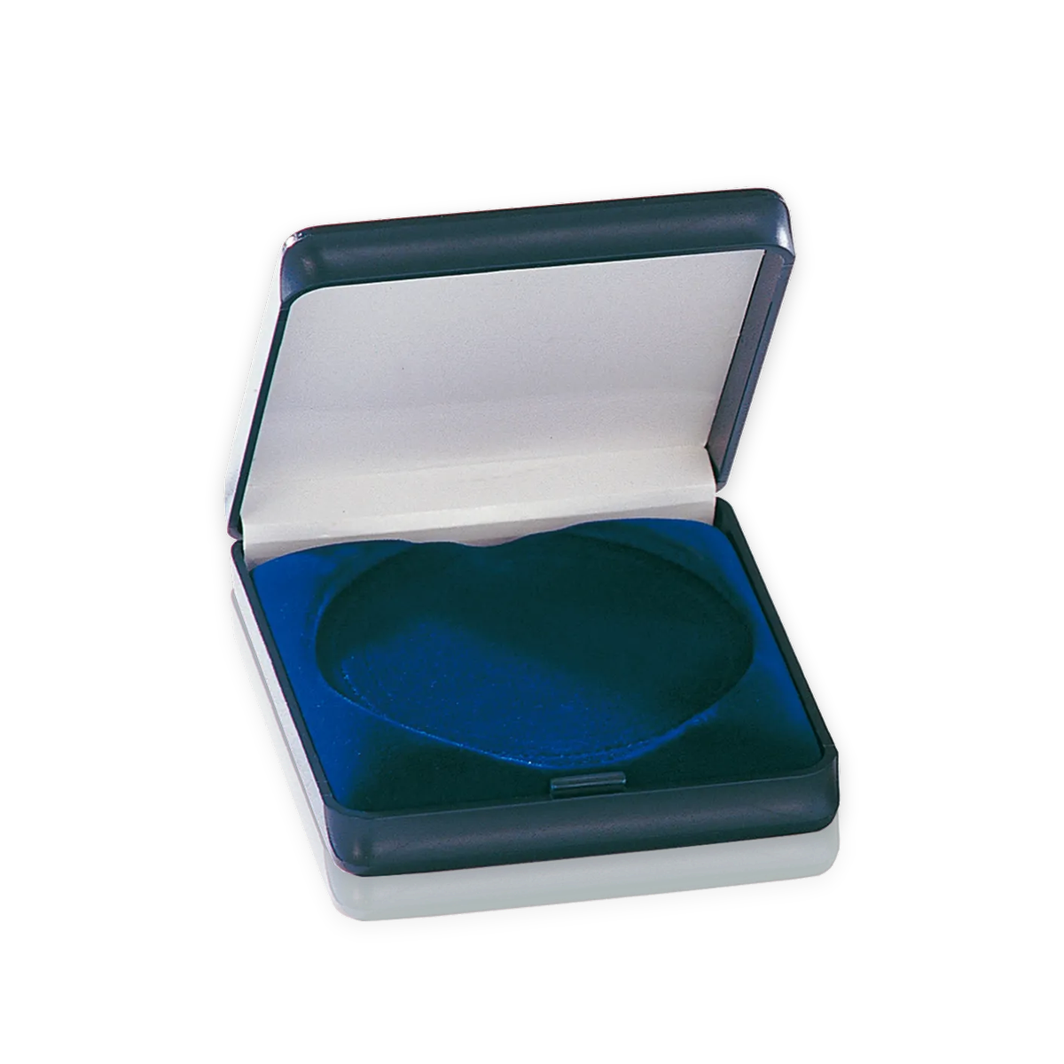 Medaillen Etui Prestige 50 mm, geöffnet, außen dunkelblau, Deckel innen weiß, blaue Einlage
