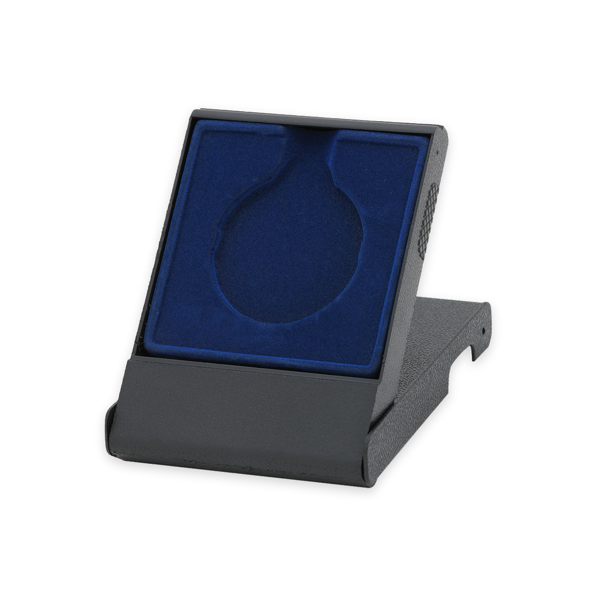 Medaillen Etui Standard Blau 50 mm, schwarzes Kunststoff-Etui mit blauer Einlage, aufgestellt