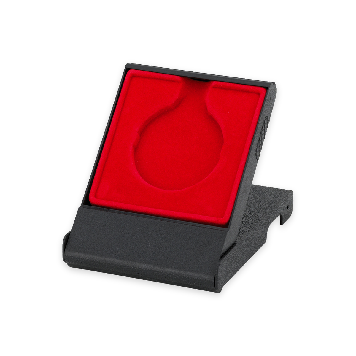 Etui Standard Rot 50 mm, schwarzes Kunststoff-Etui mit roter Einlage, aufgestellt