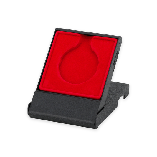 Etui Standard Rot 50 mm, schwarzes Kunststoff-Etui mit roter Einlage, aufgestellt