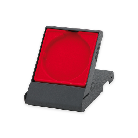Medaillen Etui Standard Rot 70 mm, schwarzes Kunststoff-Etui mit roter Einlage, aufgestellt