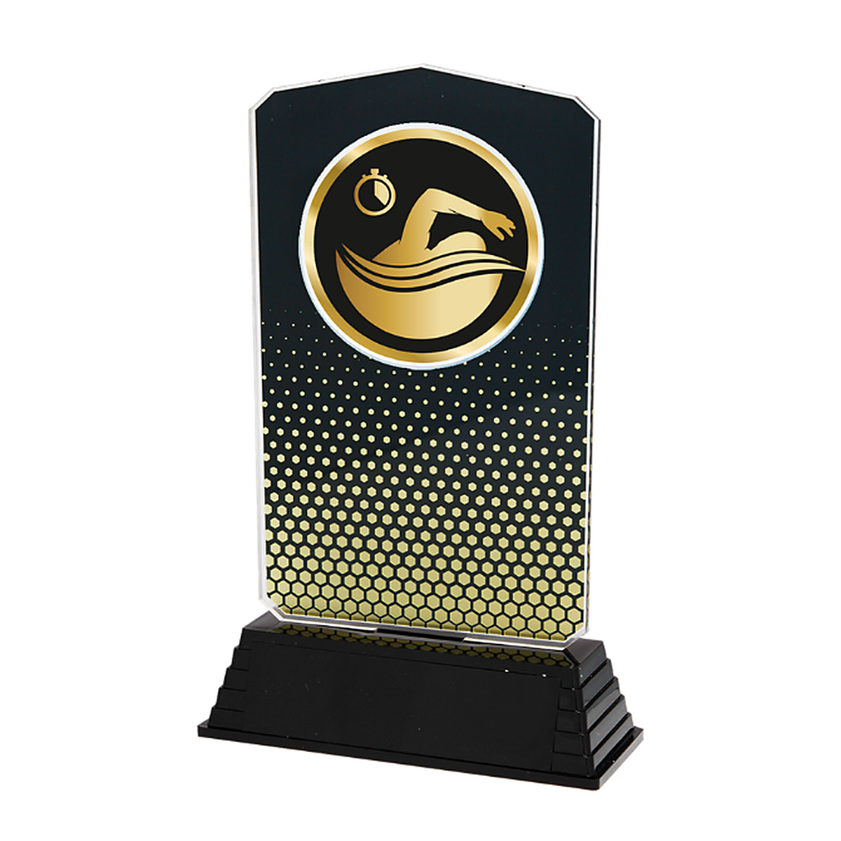 Trophäe Fernando mit Schwimmmotiv in Gold, Silber und Bronze auf schwarzem Sockel