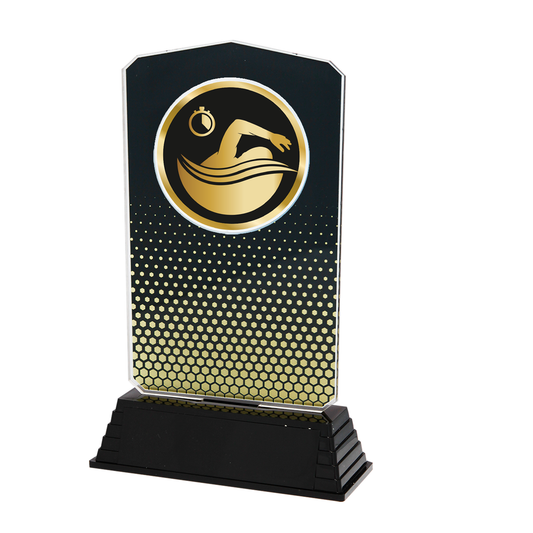Trophäe Fernando 19 cm aus Kunststoff mit schwarz-goldener Acrylplatte, goldenem Schwimmmotiv und schwarzem Sockel