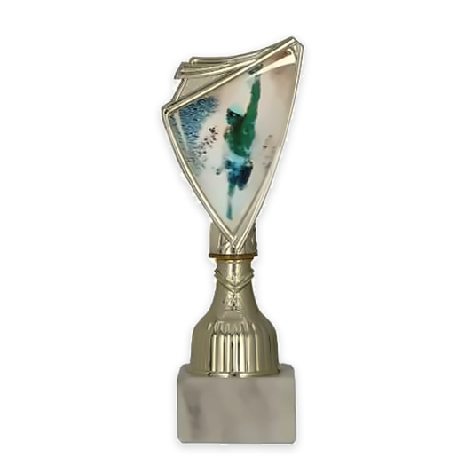 Trophäe Gamma in Gold mit farbigem Schwimmmotiv auf weißem Marmorsockel