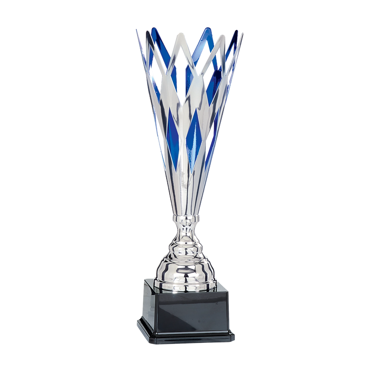 Pokal Holma aus silbernem und blauem Metall mit schwarz poliertem Sockel