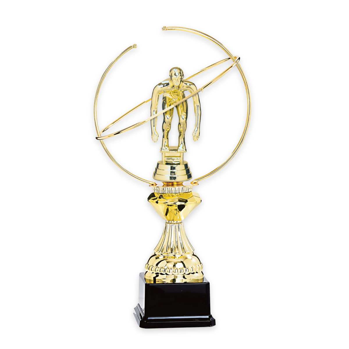 Trophäe Ida in Gold mit Metallringen und Schwimmfigur auf schwarzem Sockel