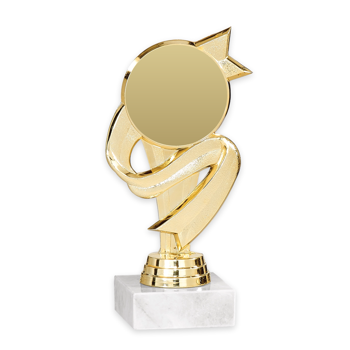 Trophäe Josefine in Gold mit Schleife, Stern und Emblemfeld auf Marmorsockel