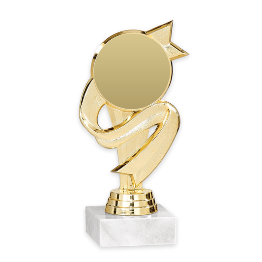 Trophäe Josefine in Gold mit Schleife, Stern und Emblemfeld auf Marmorsockel