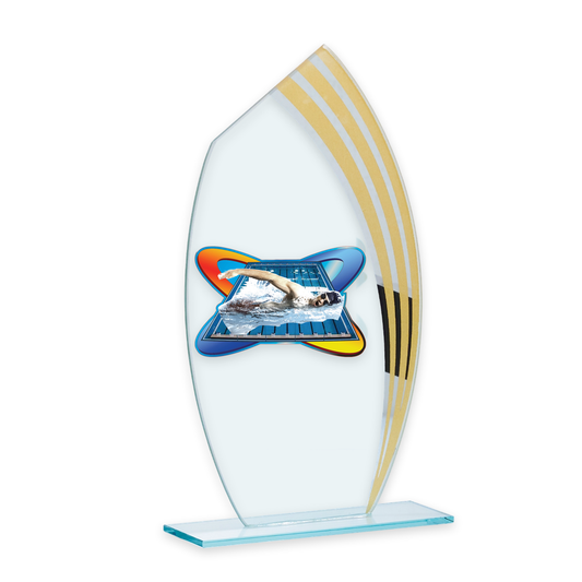 Glastrophäe Juliano mit goldenen Streifen und Schwimmer-Motiv
