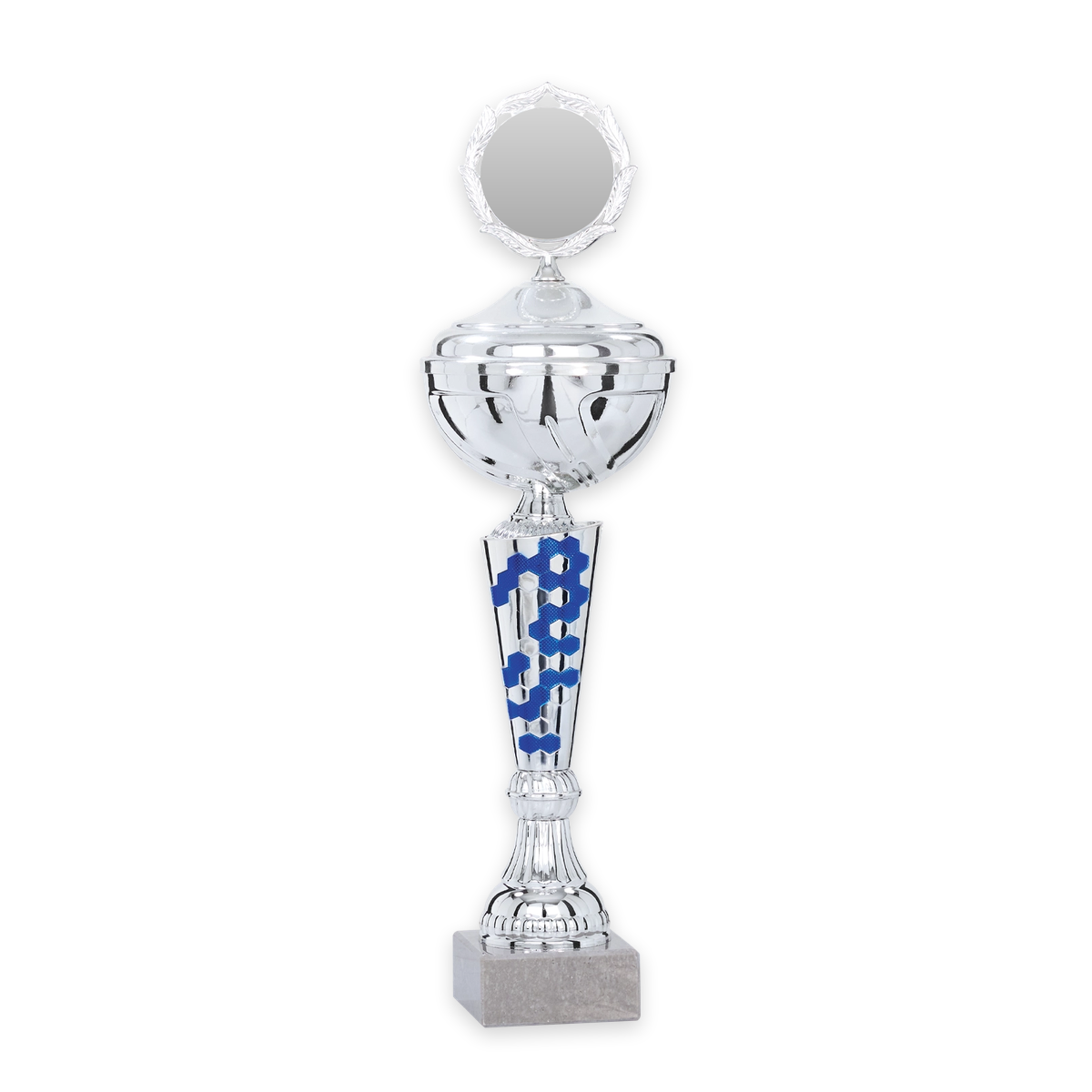 Pokal Juna in Silber und Blau mit Deckel, Lorbeerkranz und Emblemfeld auf Marmorsockel