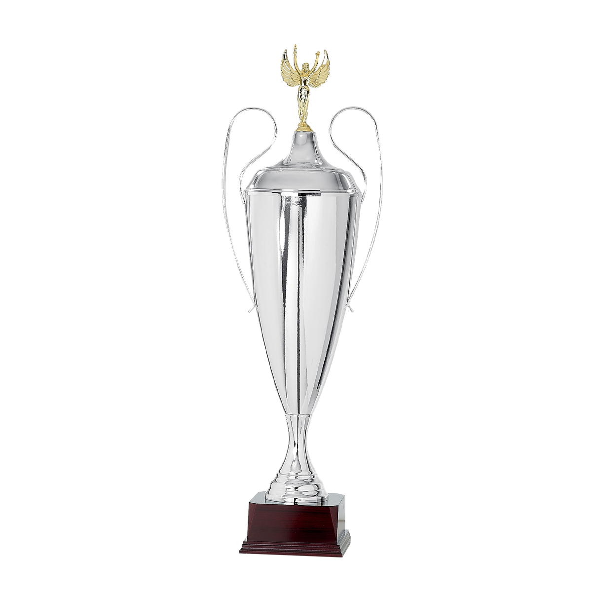 Großer Silberpokal Keaton mit zwei Henkeln, Deckelfigur und Holzsockel