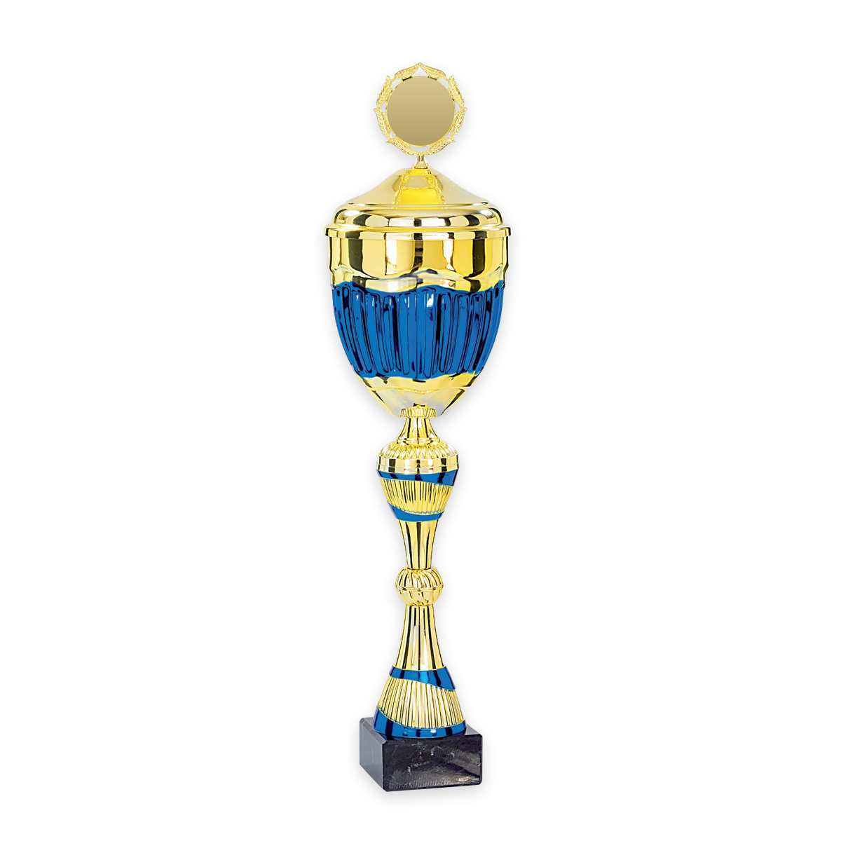 Pokal Kris in Gold und Blau mit Deckel, Lorbeerkranz und Emblemfeld auf Marmorsockel