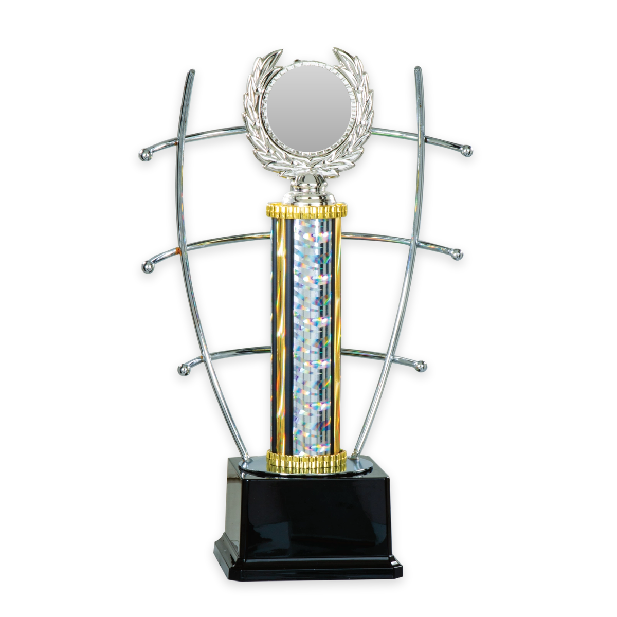 Trophäe Leopold mit Glitzersäule, silbernem Lorbeerkranz und Metallbügeln auf schwarzem Sockel