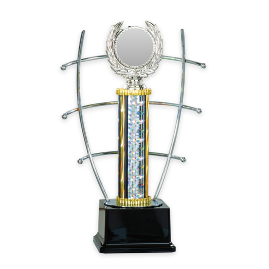 Trophäe Leopold mit Glitzersäule, silbernem Lorbeerkranz und Metallbügeln auf schwarzem Sockel