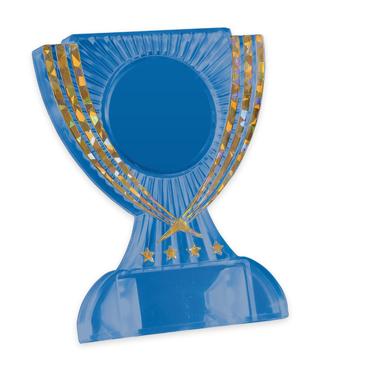 Trophäe Martha aus blauem Kunststoff mit goldenen Zierstreifen und Emblemfeld