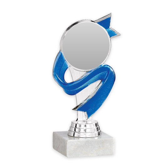 Trophäe Saphira in Silber mit blauer Schleife, Stern und Emblemfeld auf Marmorsockel