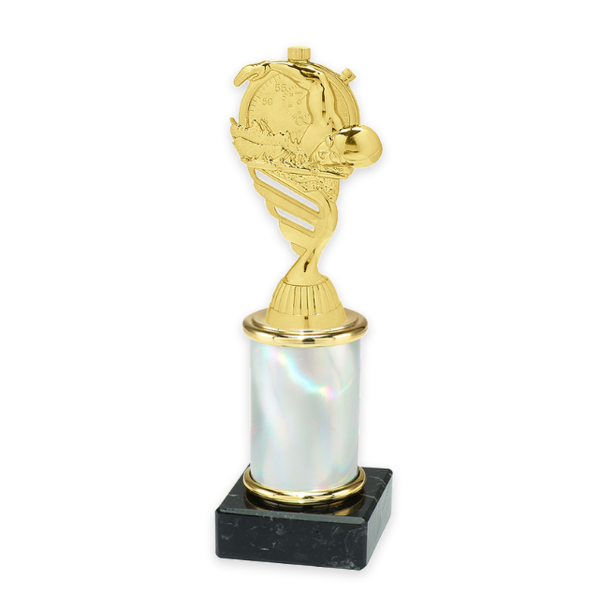 Trophäe Titan mit goldener Schwimmfigur, silberner Säule und schwarzem Marmorsockel