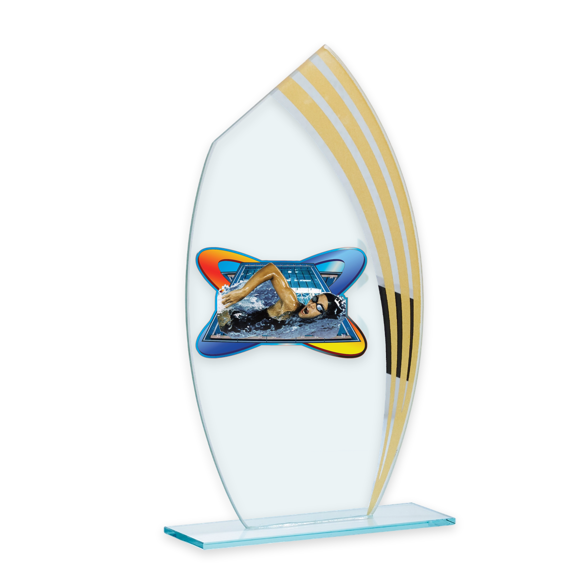 Glastrophäe Juliano mit goldenen Streifen und Schwimmer-Motiv